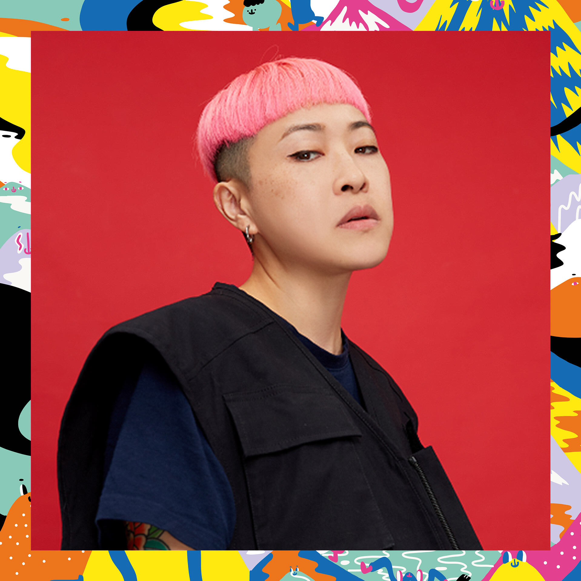 Portrait of Zoie Lam against red background with colorful border 